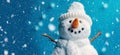 Banner with white snowman closeup on blue background, top view. Merry Christmas and Happy New Year holiday concept Royalty Free Stock Photo