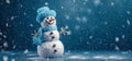 Banner with white snowman closeup on blue background, top view. Merry Christmas and Happy New Year holiday concept Royalty Free Stock Photo