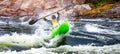 Banner whitewater kayaking, extreme sport rafting. Guy in kayak sails mountain river