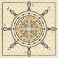 Banner with wind rose, old compass and ship wheel Royalty Free Stock Photo