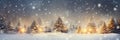 Banner with winter landscape, Christmas trees in snow, golden lights and bokeh. Merry Xmas Card. Winter Snow Background Royalty Free Stock Photo