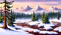 banner winter landscape in the mountains with snow trees and mountain sunrise, vector illustration Royalty Free Stock Photo