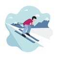 Banner of winter sport - mountain skiing, a man on skis rushes down the slope. Man on the background of silhouettes of