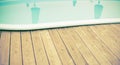 Banner Wooden deck beach sea ocean resort sun lounger umbrella hotel pool sky sunrise Royalty Free Stock Photo