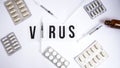 Banner The word virus on a white background with syringe pills, medicines Royalty Free Stock Photo