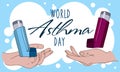 Banner for the World Asthma Day with an aerosol inhaler. The aerosol is in your hands for quick help. Day of Solidarity