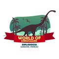 Banner World of dinosaurs. Prehistoric world. Diplodocus. Jurassic period. Royalty Free Stock Photo