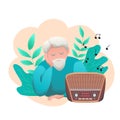 Banner world flat day radio. A old man listens to the radio in nature.