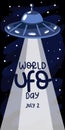 Banner for World UFO Day, celebrated on July 2. A cartoon plate of aliens with a beam of light illuminates the inscription in