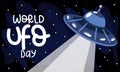 Banner for World UFO Day, celebrated on July 2. A cartoon plate of aliens with a ray of light and an inscription in