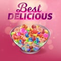 Banner Written Best Delicious on Pink Background.