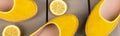 Banner of Yellow espadrilles shoes near slices of lemon