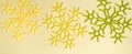 Banner yellow and green and red autumn snowflakes knitted on a yellow background. Handmade and creativity. Beautiful background.