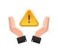 Banner with yellow scam alert over hands. Attention sign. Cyber security icon. Caution warning sign sticker. Flat