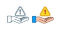 Banner with yellow scam alert over hands. Attention sign. Cyber security icon. Caution warning sign sticker. Flat