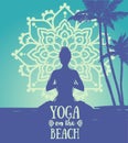Banner for yoga on the beach with lady in lotus asana on mandala ornament