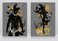 Banners for adult halloween party with man and woman in witch hat and bat`s silhouettes Royalty Free Stock Photo