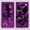 Banners for adult halloween party with woman in witch hat and glamour cocktail Royalty Free Stock Photo