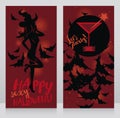 Banners for adult halloween party with woman in witch hat and glamour cocktail Royalty Free Stock Photo