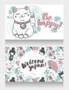 Banners for asian travels with traditional japanese souvenir - maneki neko Royalty Free Stock Photo