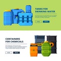 Banners with barrels. Various horizontal banners template with illustrations of different water and oil tanks Royalty Free Stock Photo