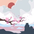 Banners with blossoming oriental cherry branch in traditional japanese sumi-e style on vintage background. Hieroglyph sakura with