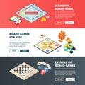 Banners of board games. Vector horizontal banners with various concept pictures of board games