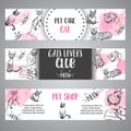 Banners with cat breeds. Cats lovers text Vector illustration Cute kitten sketch. Pet care web header templates Royalty Free Stock Photo