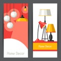 Banners with chandelier, furniture floor and table lamps