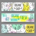Banners with cosmetic bottles. Organic cosmetics illustration. Royalty Free Stock Photo