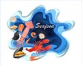 Banners design seafood pages with mussels, salmon, shrimp. Lobster, squid, octopus, shellfish or oyster, alfonsino