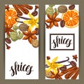 Banners design with various spices. Illustration of anise, cloves, vanilla, ginger and cinnamon