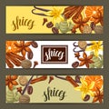 Banners design with various spices. Illustration of anise, cloves, vanilla, ginger and cinnamon