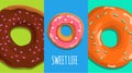 Banners with donuts. Colorful templates with flat cartoon style bakery goods. Chocolate and glazed donuts with different shaped sp