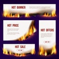 Banners flame. Advertizing template with fire tongue burning sales vector design project with text Royalty Free Stock Photo