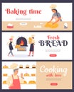 Banners or flyers set with bakers prepare bread, flat vector illustration. Royalty Free Stock Photo