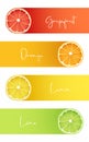 Banners with fresh fruits of Grapefruit, Orange, Lemon and Lime.