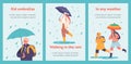 Banners with Happy Kids Walk under Umbrella, Little Boys and Girls Characters in Warm Clothes with Backpack