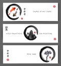 Banners with koi carps, mountains and pine tree in black enso zen circle on white background. Traditional oriental ink