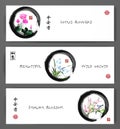 Banners with lotus flowers, wild orchid and sakura blossom in zen circle. Oriental painting sumi-e, u-sin, go-hua