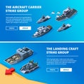 Banners with military boats. Vector pictures of warships