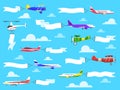 Banners with planes. Flying airplanes with banner in sky, helicopter with advertisement message on ribbons. Vector set Royalty Free Stock Photo