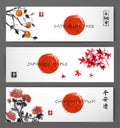 Banners with red japanese maple, chrysanthemum and date plum tree. Oriental ink painting sumi-e, u-sin, go-hua. Contains