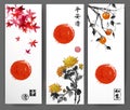 Banners with red japanese maple, chrysanthemum and date plum tree. Oriental ink painting sumi-e, u-sin, go-hua. Contains