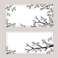 Banners with sakura blossoms and birds. Black white eps outlined illustration. Royalty Free Stock Photo