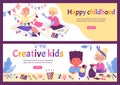 Banners set with creative happy children doing crafts flat vector illustration.