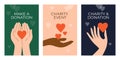 Banners set of donation, charity event, helping hand with vector illustration of diversity human hands give or take heart shapes