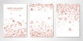 Banners set with falling rose gold paper confetti on white. Vector flyer design templates for wedding, invitation cards, save the