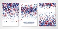 Banners set with red, white, blue confetti on white. Vector flyer design templates. All layered and isolated Royalty Free Stock Photo