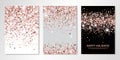 Banners set of three sheets with rose gold confetti. Vector flyer design templates for wedding, invitation cards, save the date,